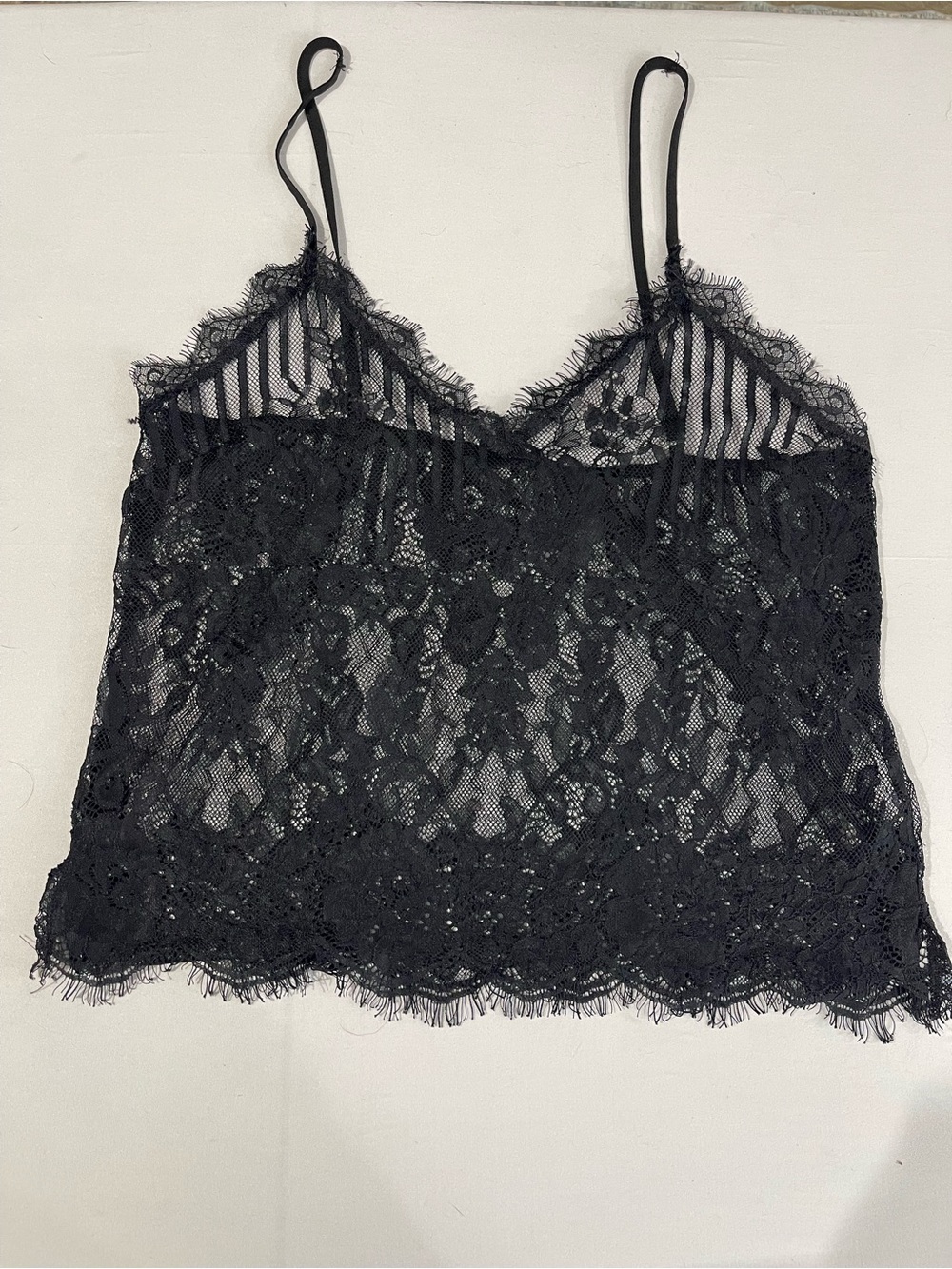 Black Eyelash Lace Camisole Sheer Spaghetti Strap  Festival Grunge Layer Size S